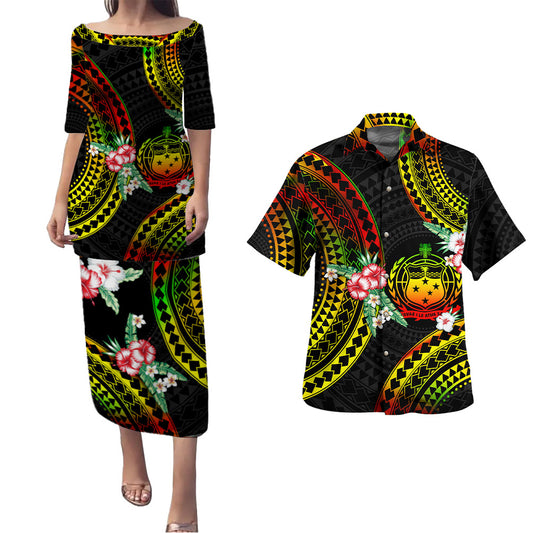 Samoa Combo Puletasi And Shirt Polynesian Pattern Reggae Color Hibiscus Flowers