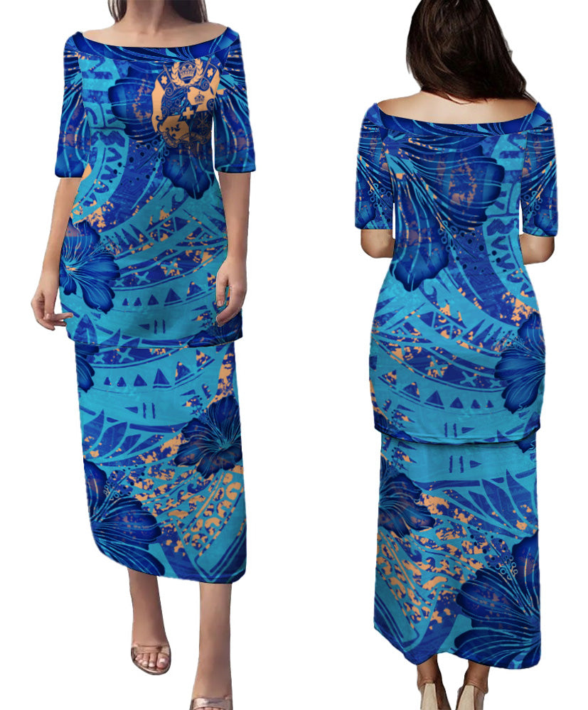 Tonga Combo Puletasi And Shirt Hibiscus With Polynesian Pattern Blue Version