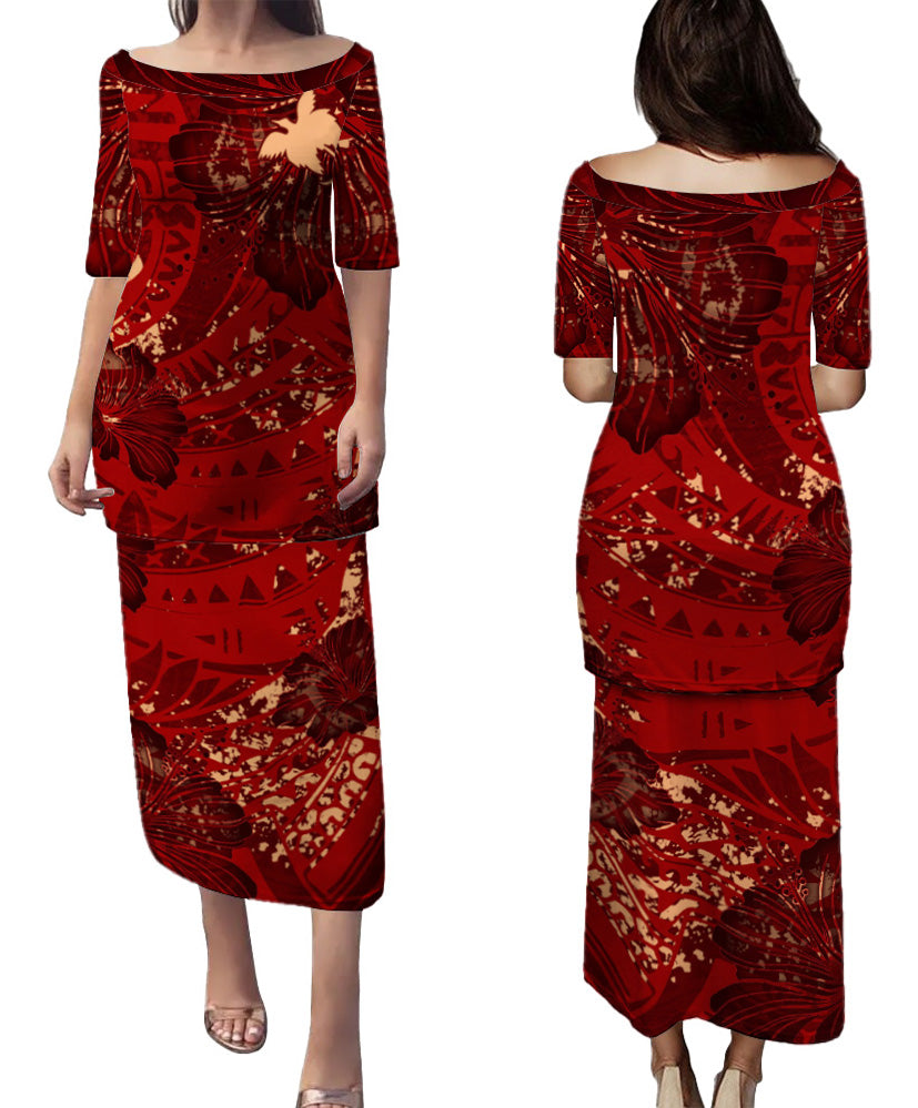 Papua New Guinea Combo Puletasi And Shirt Hibiscus With Polynesian Pattern Red Version