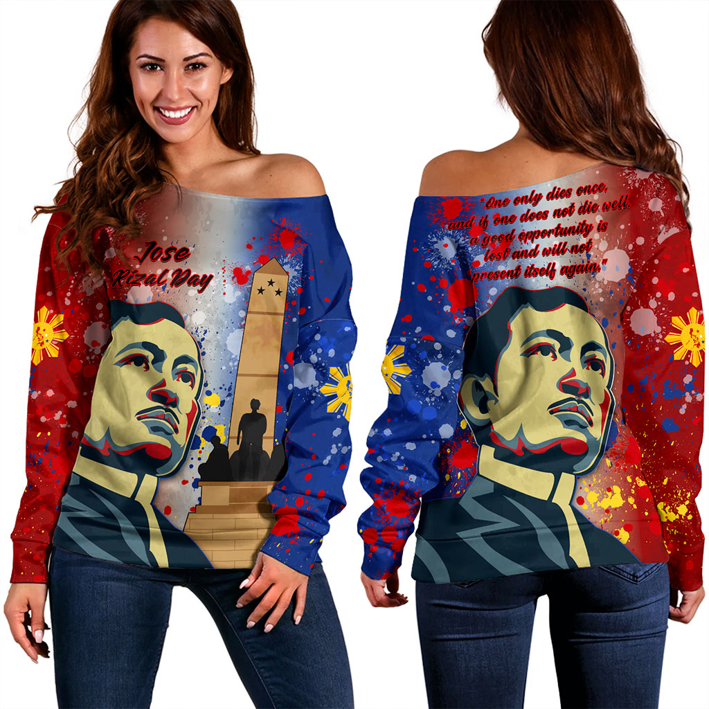 Philippines Filipinos Off Shoulder Sweatshirt Rizal Monument On Rizal Day Background Texture Brush Style