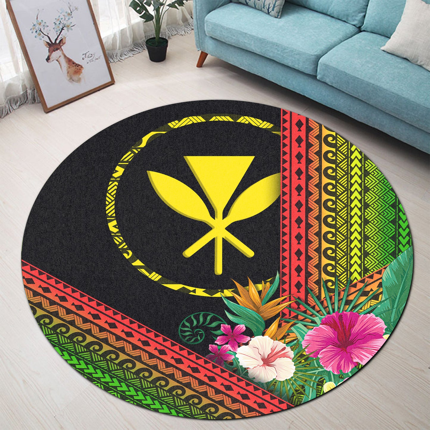 Hawaii Round Rug Turtle Polynesian Pattern Reggae Color