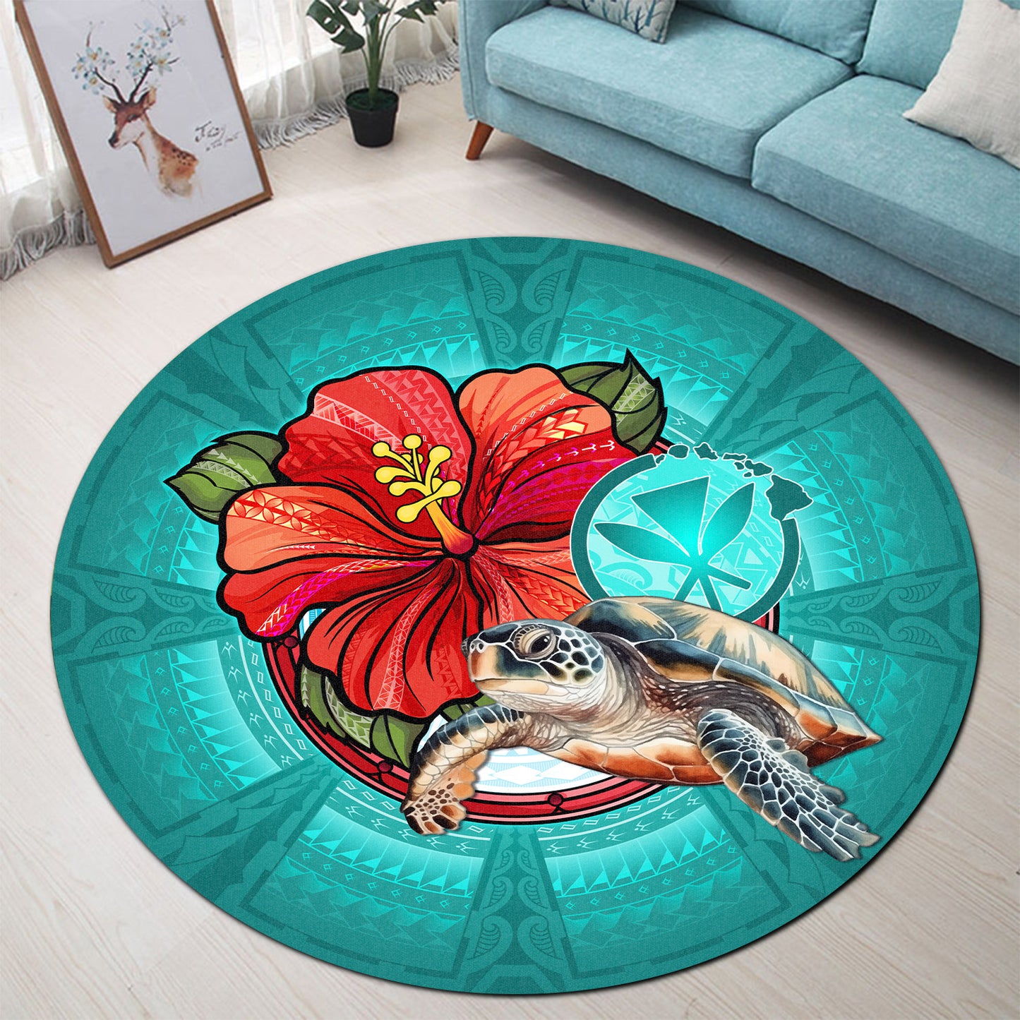 Hawaii Round Rug Hawaiian Map Turtle Hibiscus Flowers Polynesian Patterns Style
