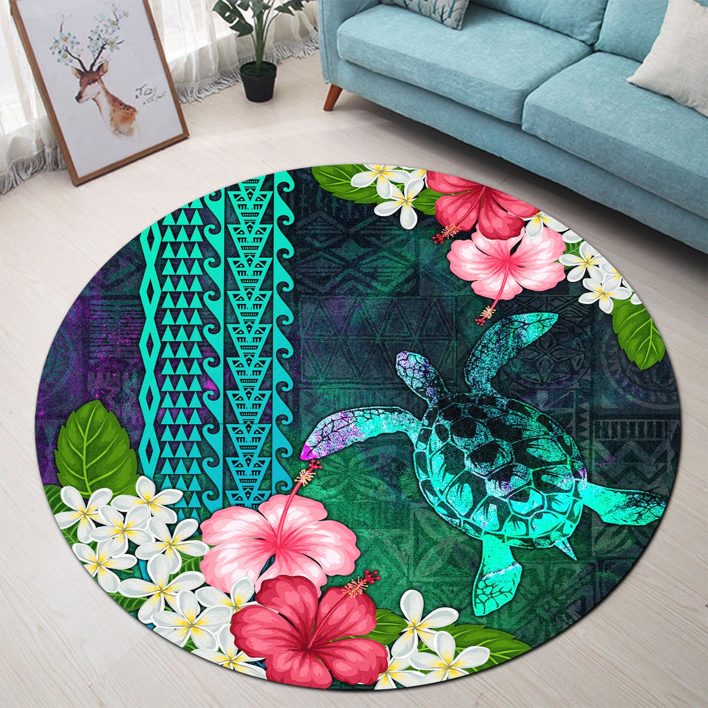 Hawaii Round Rug Sea Turtle Abstract Background With Tropical Flowers Hibiscus And Plumeria