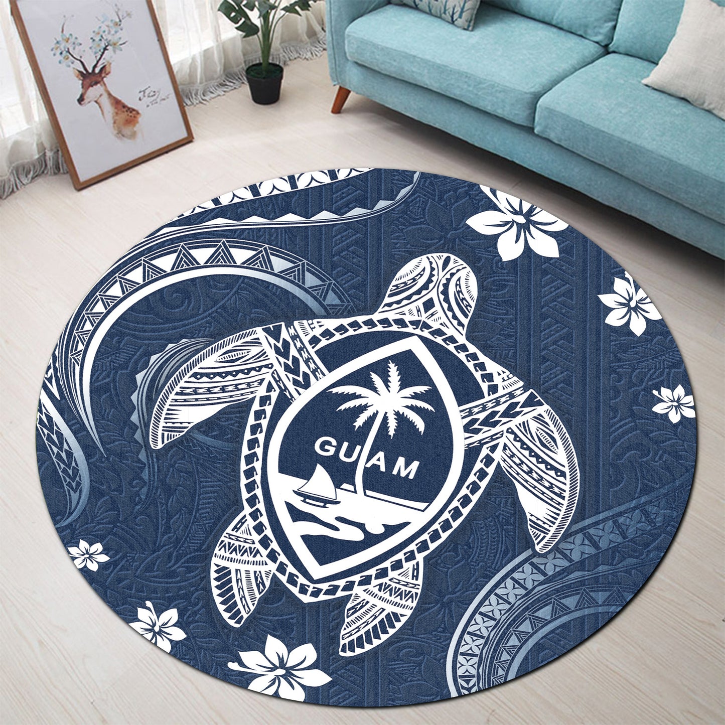 Guam Round Rug Turtle Polynesian Pattern Blue Ver