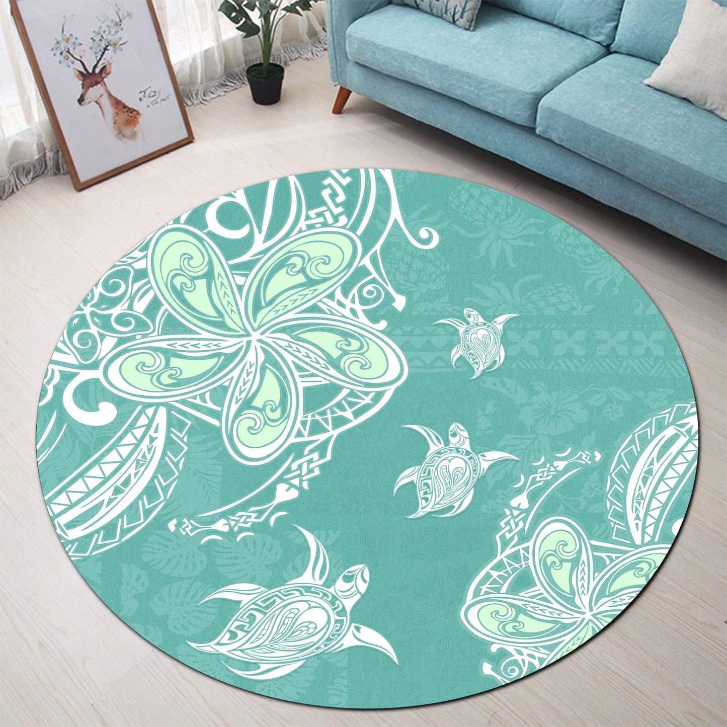 Hawaii Round Rug Polynesian Pattern Plumeria Turtles