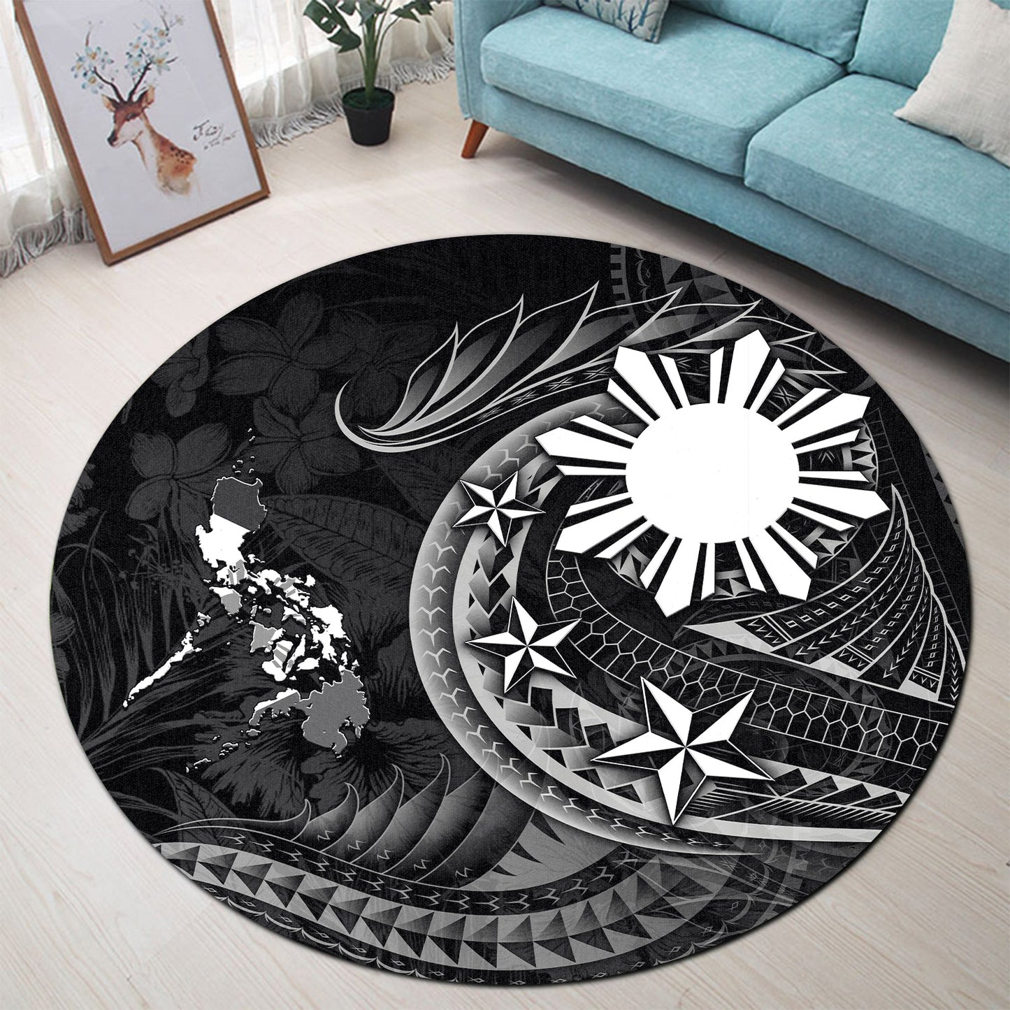 Philippines Filipinos Round Rug Philippines Sun Tribal Patterns Tropical Flowers Curve Style