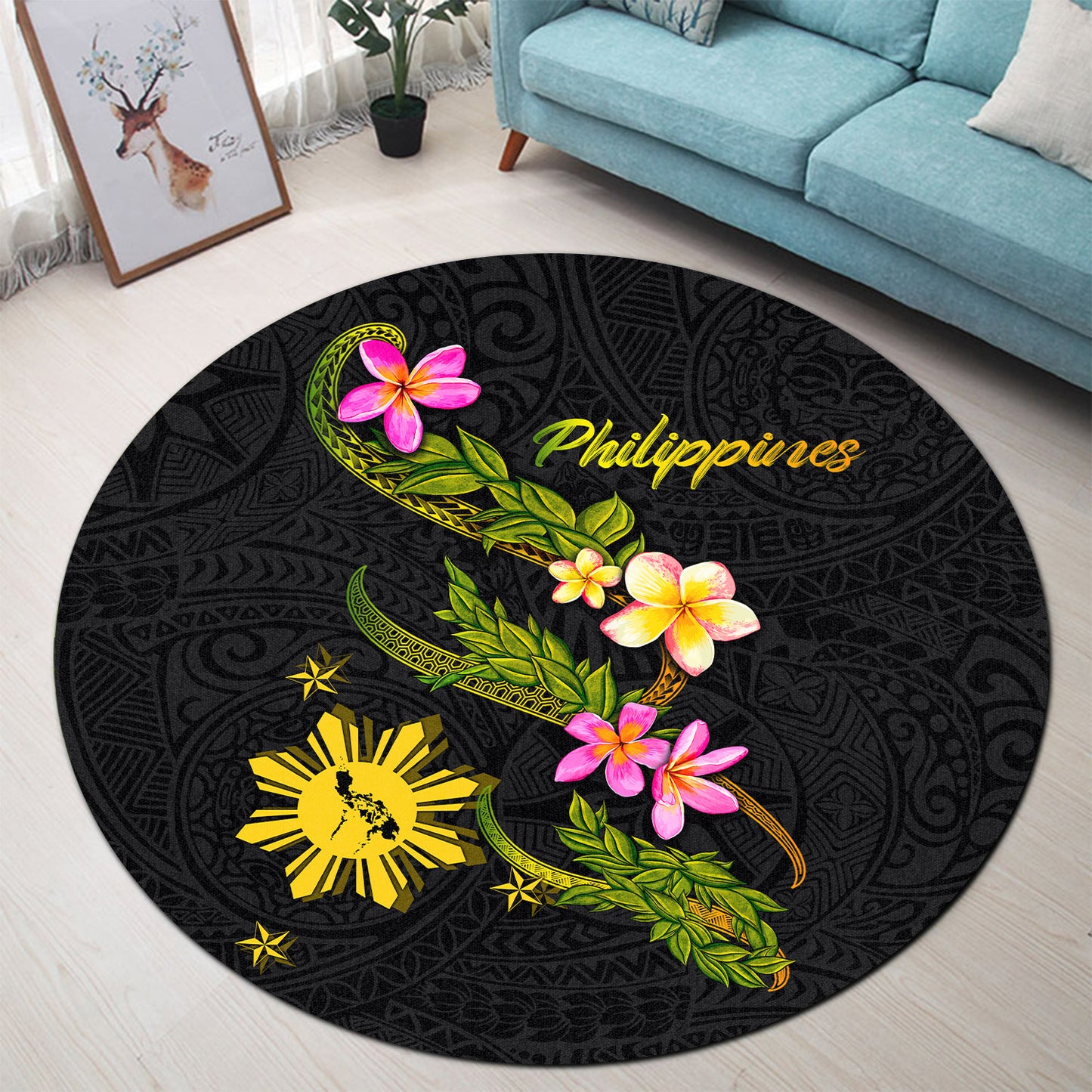 Philippines Filipinos Round Rug Philippines Sun And Map Plumeria Tribal