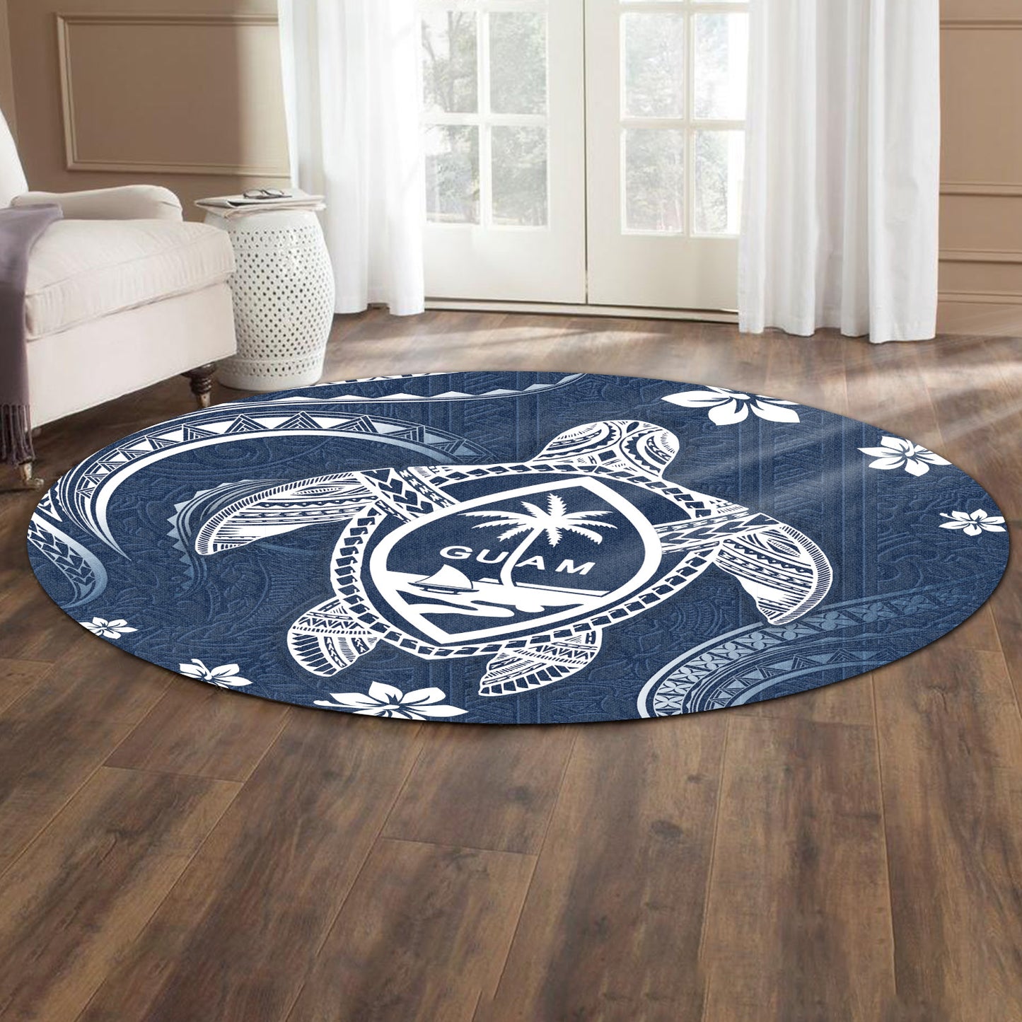 Guam Round Rug Turtle Polynesian Pattern Blue Ver