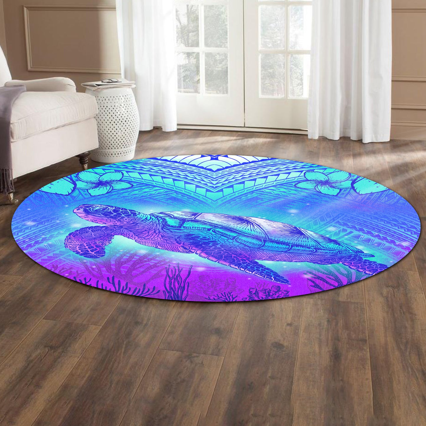 Hawaii Round Rug Turtle Underwater Sea Polynesian Style