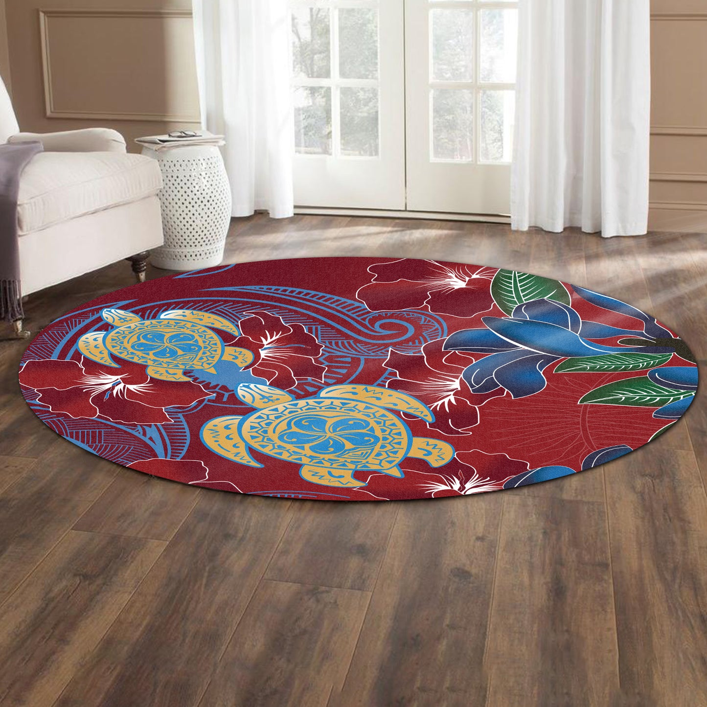 Hawaii Round Rug Polynesian Cultures Turtle Couple Tropical Flowers Red Color