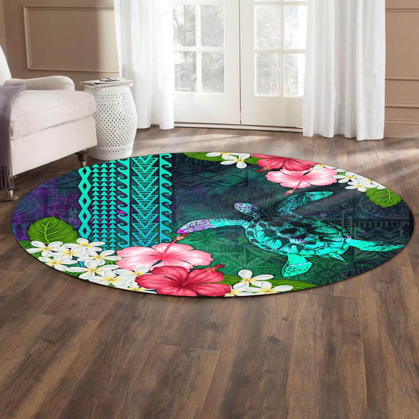 Hawaii Round Rug Sea Turtle Abstract Background With Tropical Flowers Hibiscus And Plumeria
