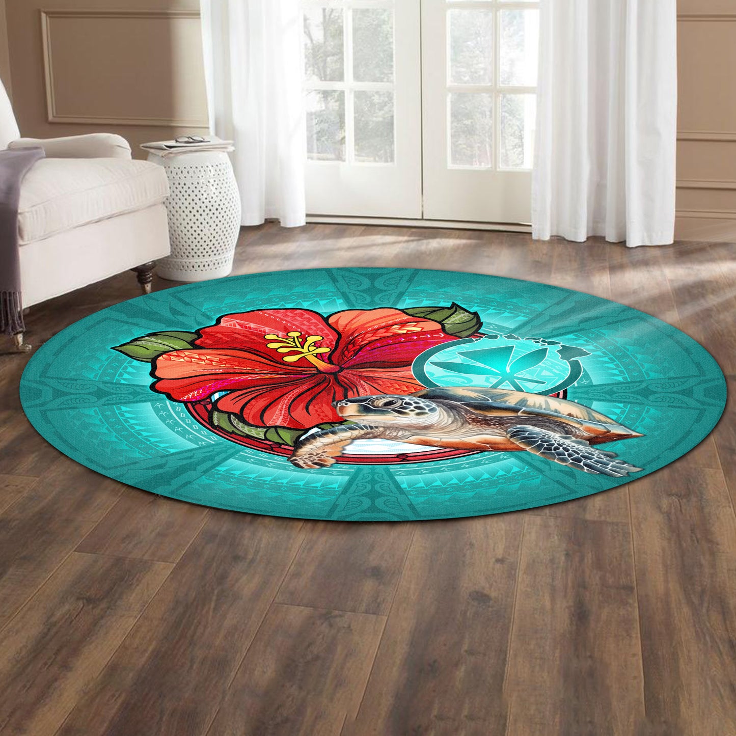 Hawaii Round Rug Hawaiian Map Turtle Hibiscus Flowers Polynesian Patterns Style