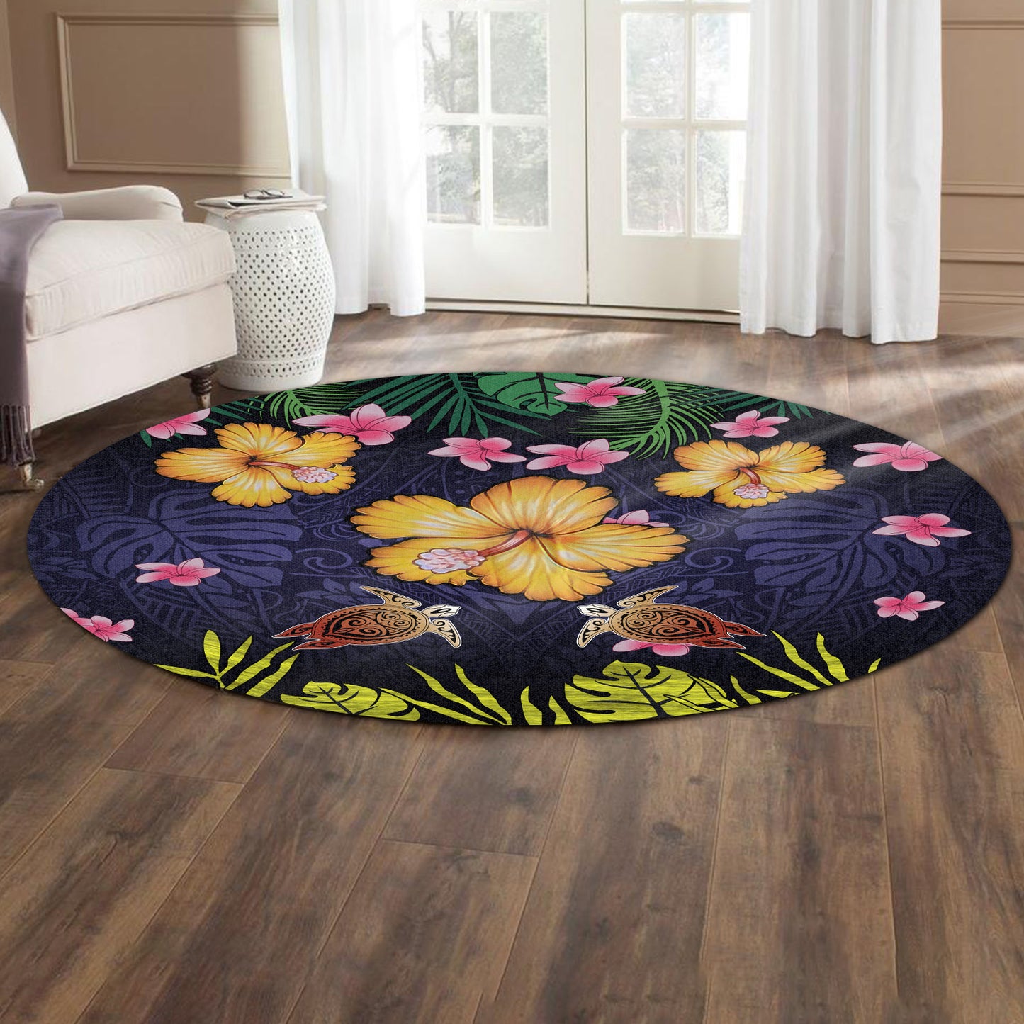 Hawaii Round Rug Polynesian Patterns Turtle Couple Hibiscus Plumeria Flowers