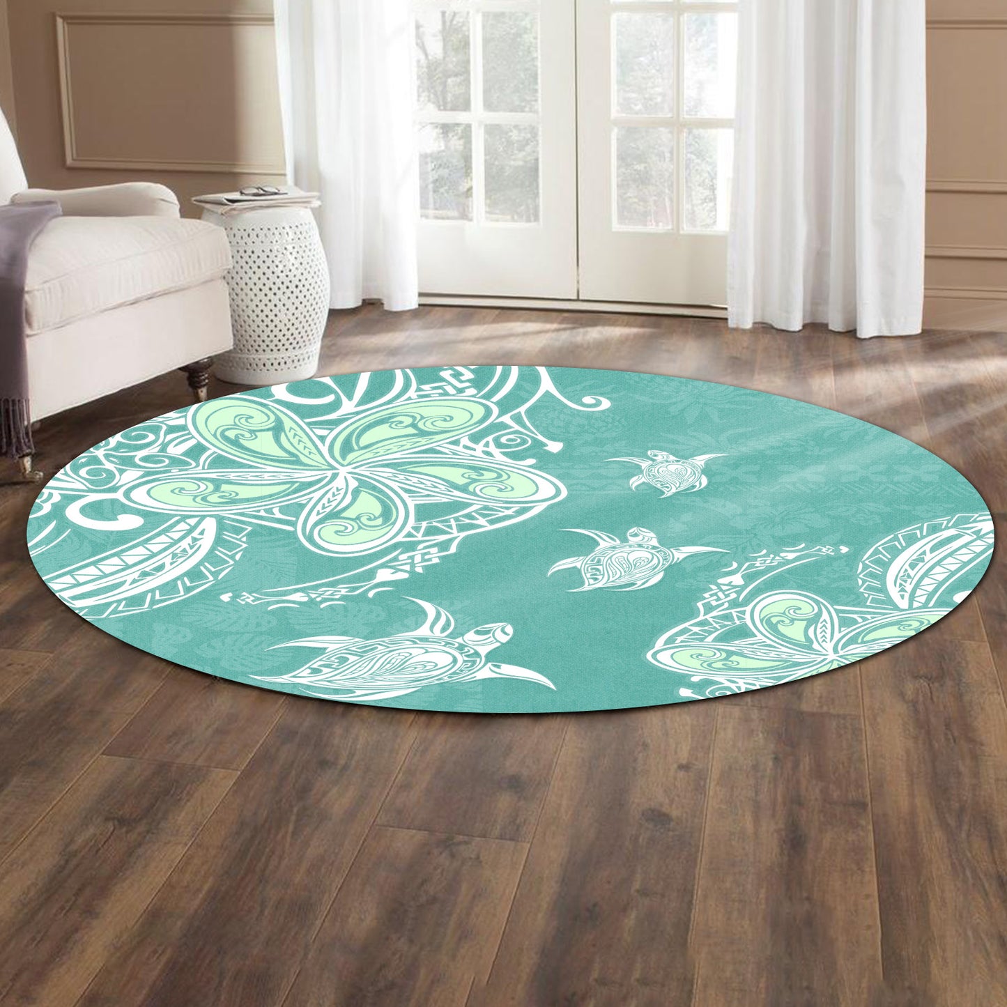 Hawaii Round Rug Polynesian Pattern Plumeria Turtles