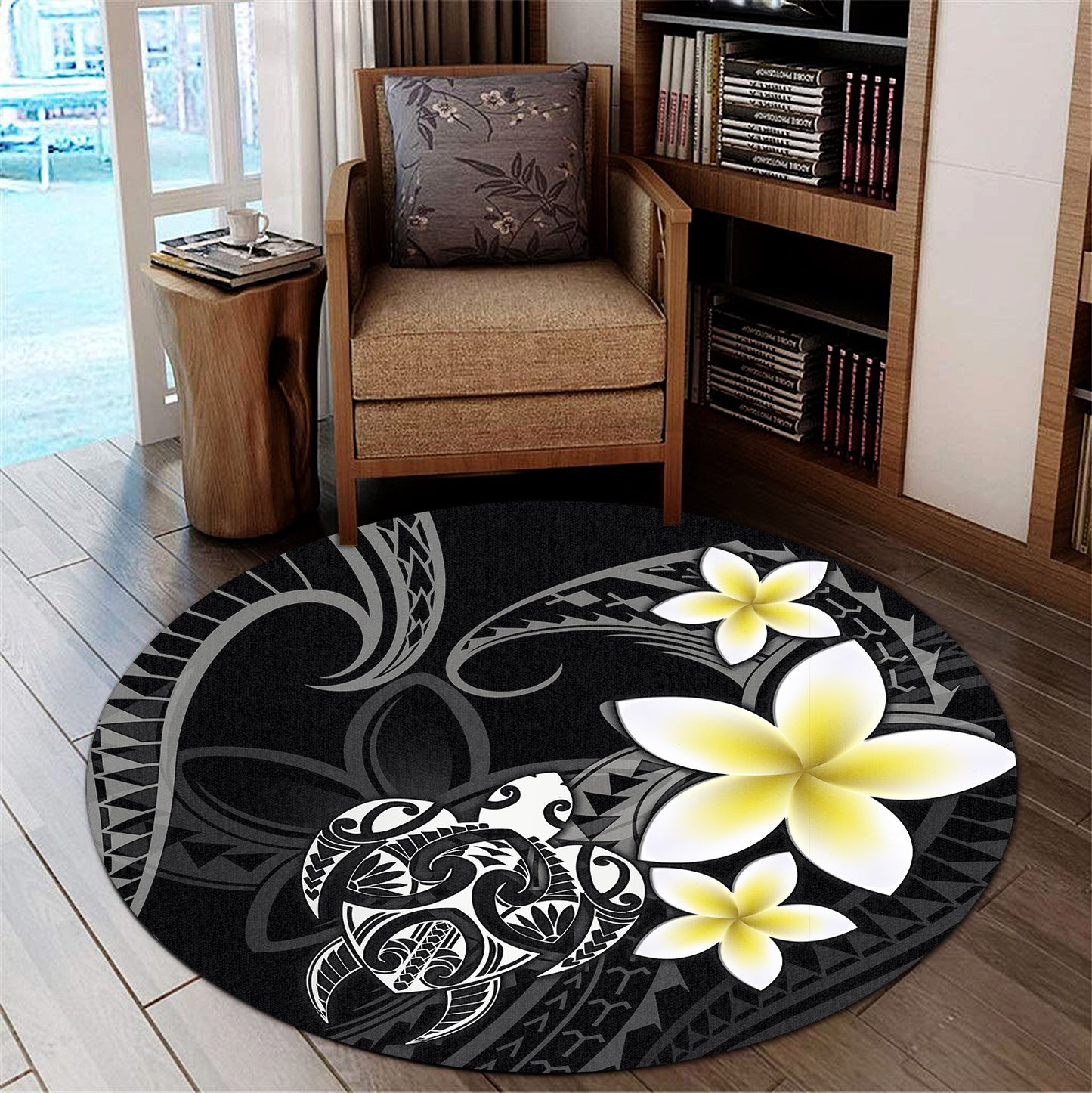Hawaii Round Rug Hawaiian Turtle Honu Plumeria Tribal Tattoo