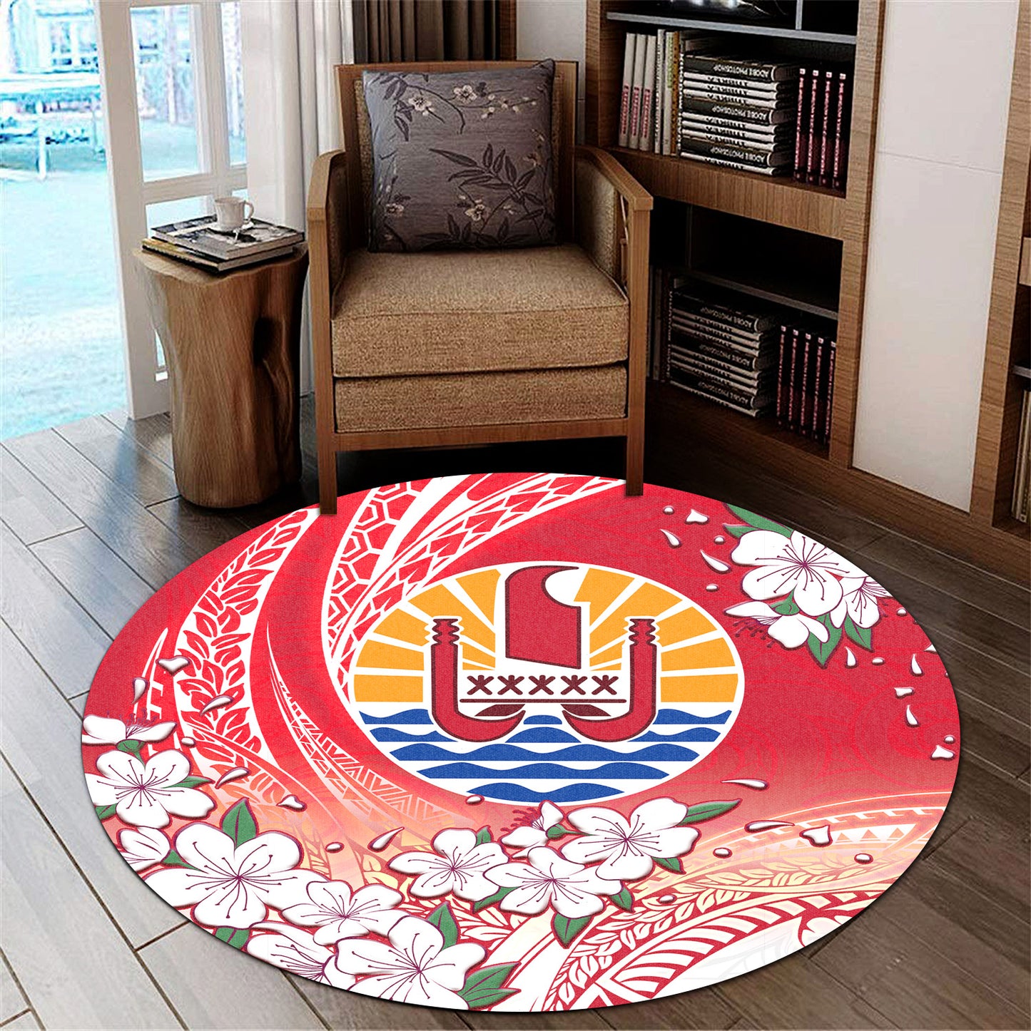 Tahiti Round Rug Polynesian Pattern Style White Flowers