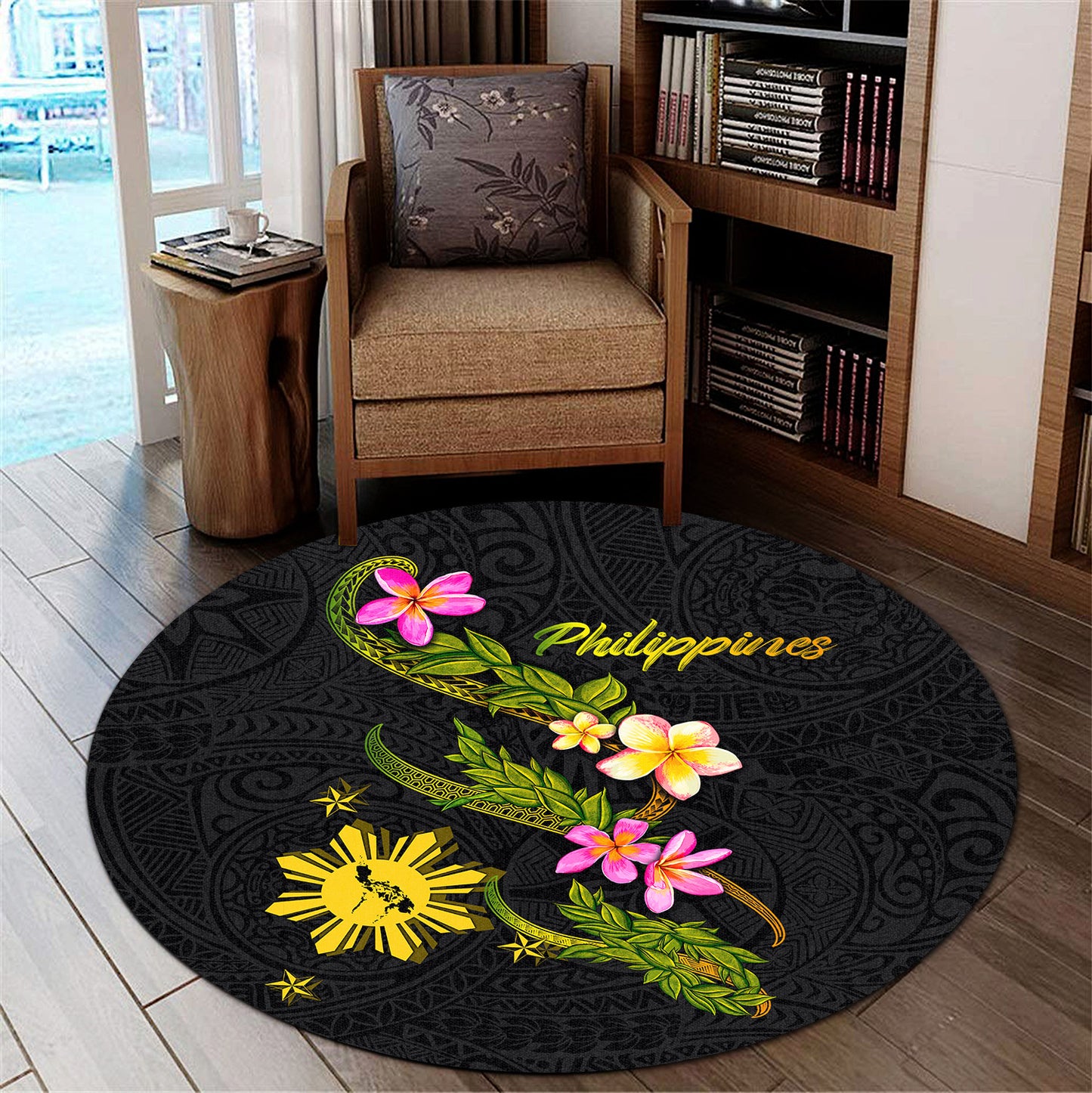 Philippines Filipinos Round Rug Philippines Sun And Map Plumeria Tribal