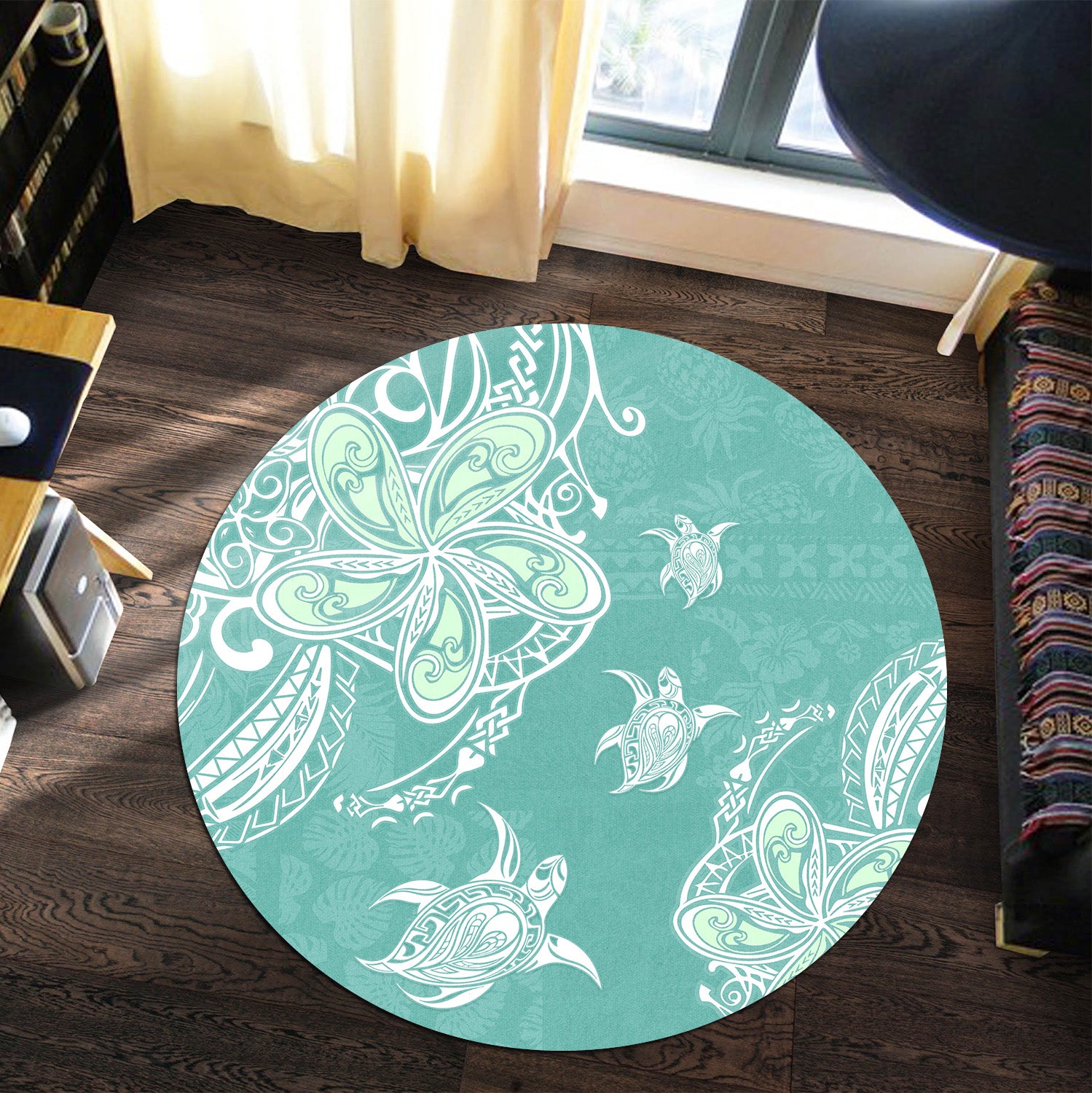 Hawaii Round Rug Polynesian Pattern Plumeria Turtles