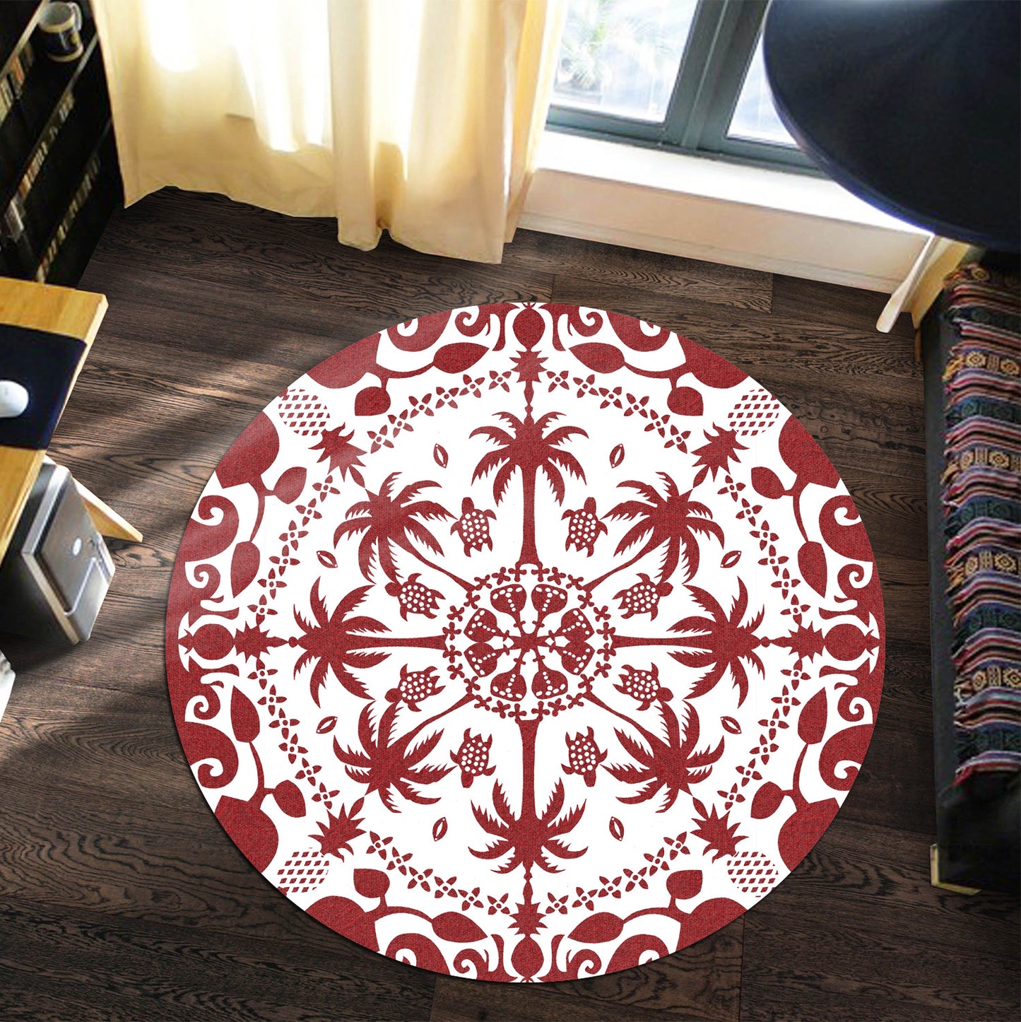 Hawaii Round Rug Red Hawaii Pattern Palm Trees and Turtles Polynesian