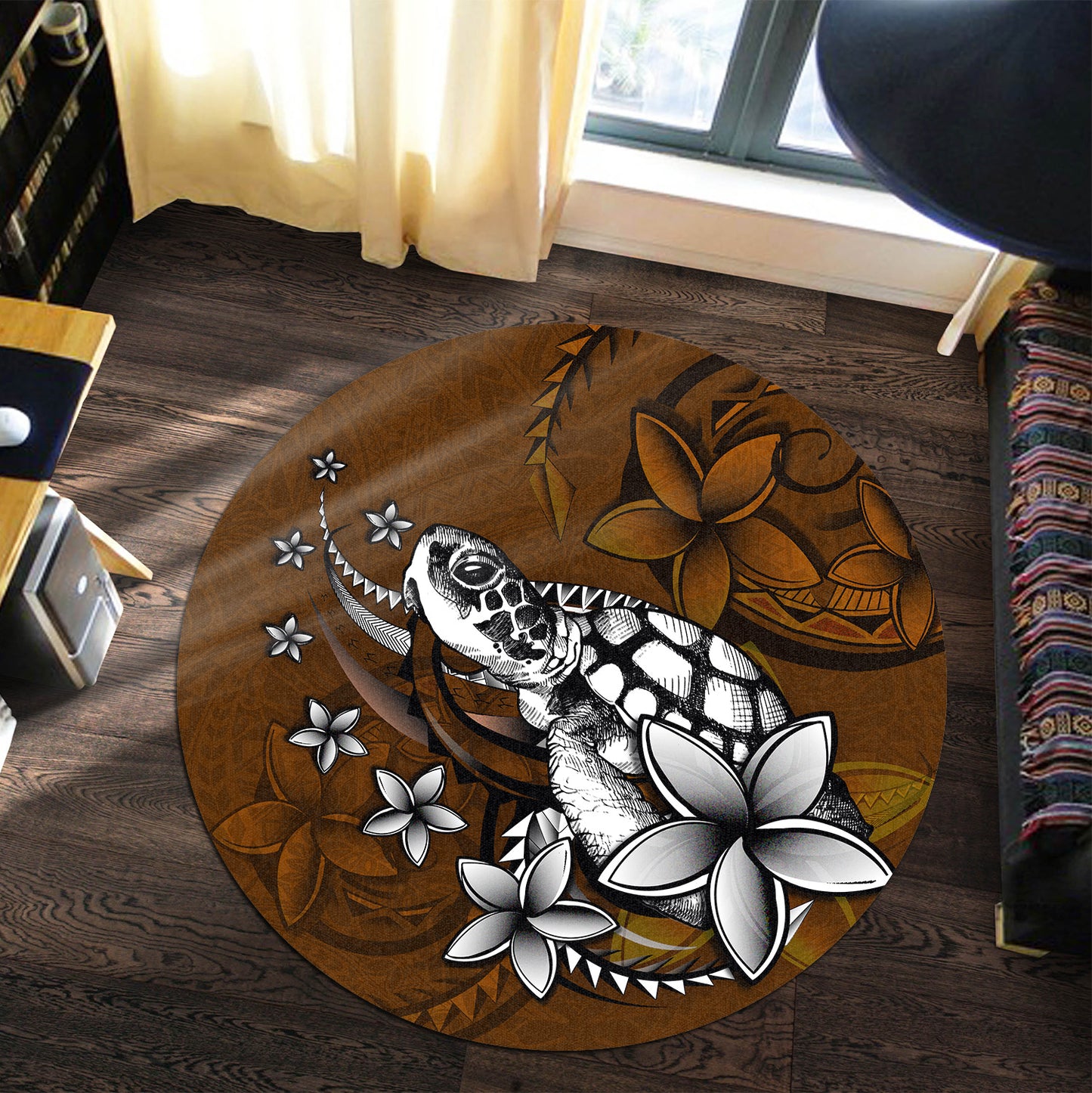 Hawaii Round Rug Sea Turtle With Plumeria Polynesian Patterns Retro Style