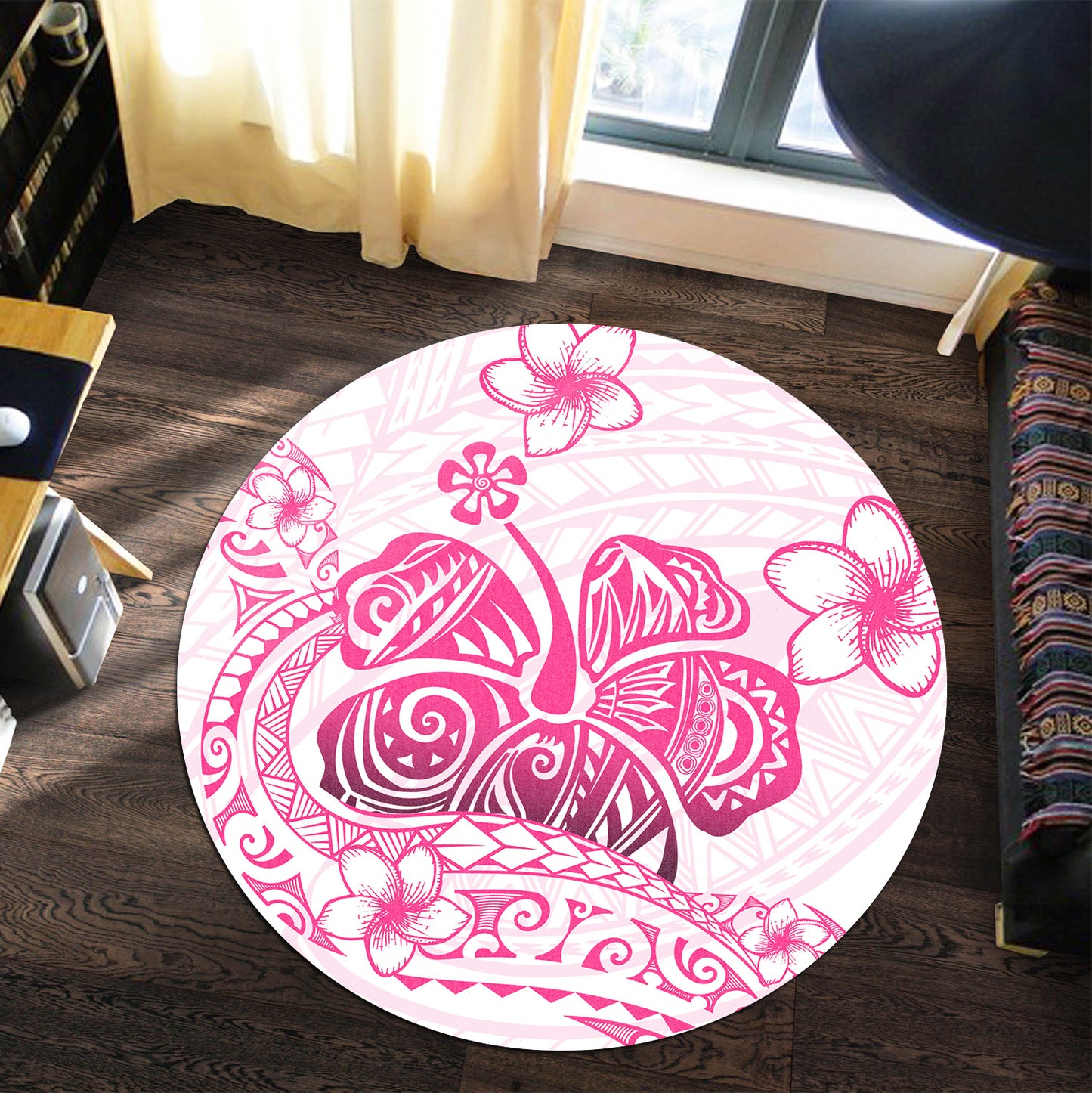 Hawaii Round Rug Pink Hibiscus And Plumeria Flowers Polynesian Decor