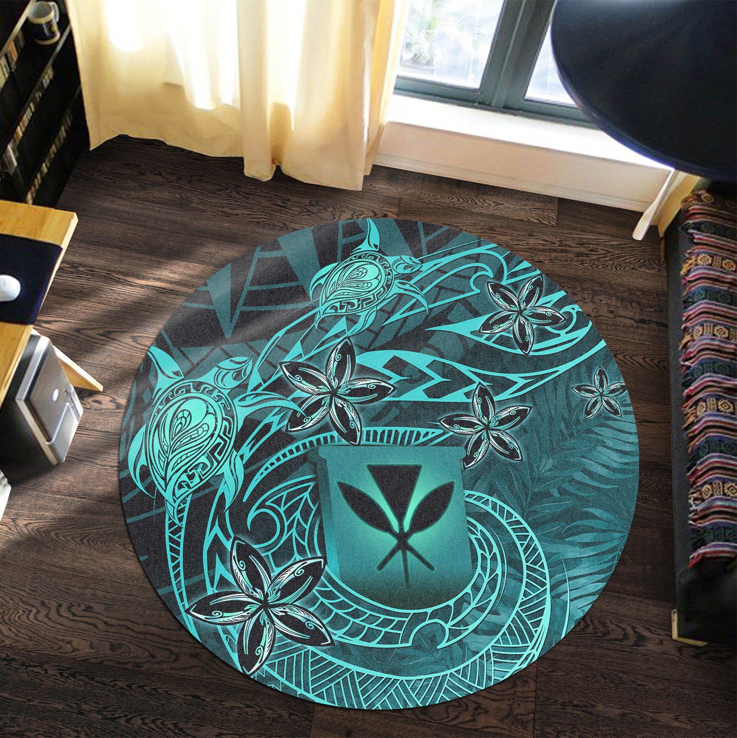 Hawaii Round Rug Kanaka Maoli Tropical Leaves Polynesian Pattern