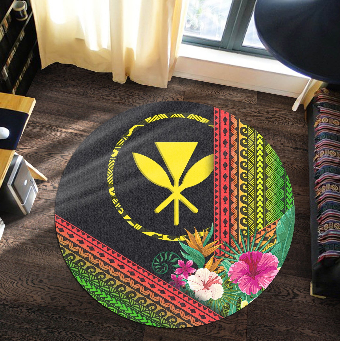 Hawaii Round Rug Turtle Polynesian Pattern Reggae Color