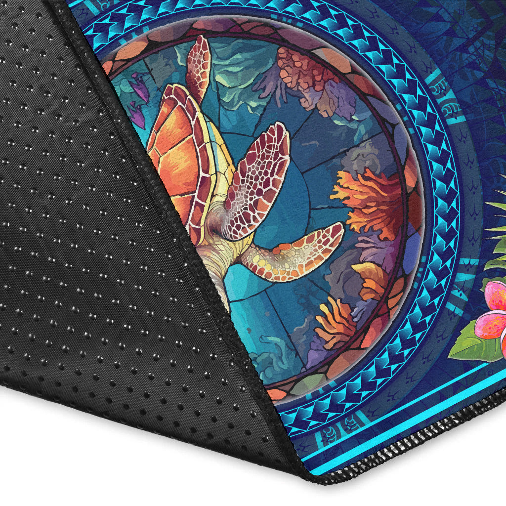 Hawaii Area Rug Polynesian Patterns Turtle Mascot WaterColor Style