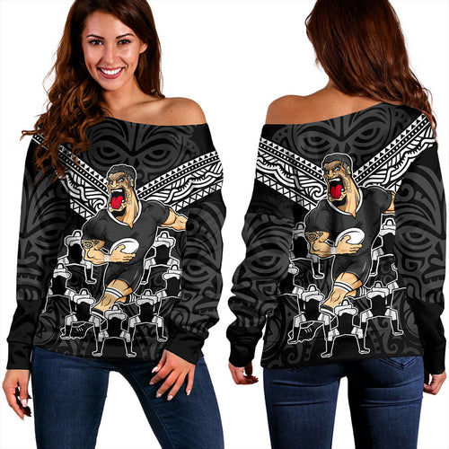 New Zealand Off Shoulder Sweatshirt Rugby Maori Tribal Mascot Dringking Style