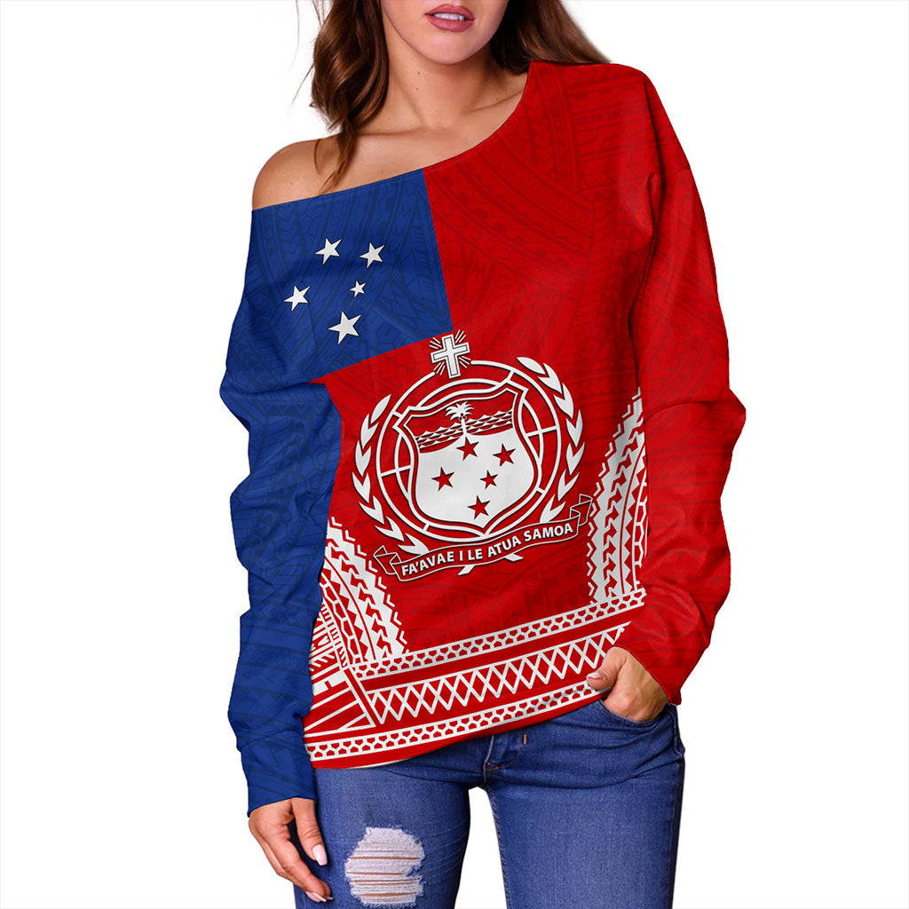 Samoa Off Shoulder Sweatshirt Flag Tribal Tatau Pattern