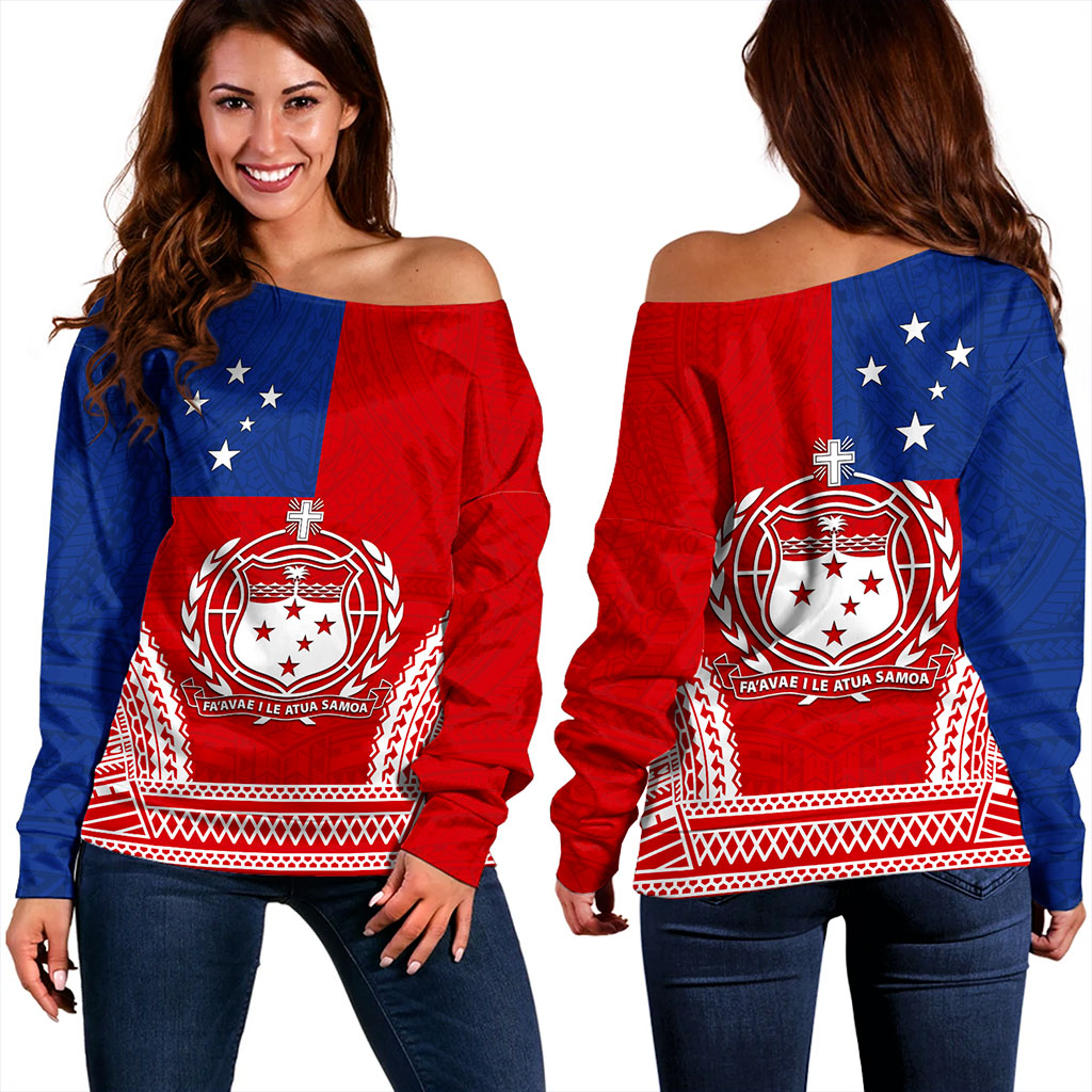 Samoa Off Shoulder Sweatshirt Flag Tribal Tatau Pattern