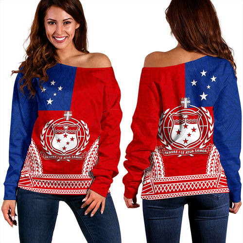 Samoa Off Shoulder Sweatshirt Flag Tribal Tatau Pattern