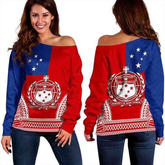 Samoa Off Shoulder Sweatshirt Flag Tribal Tatau Pattern