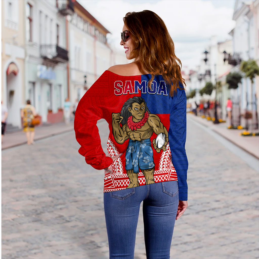 Samoa Off Shoulder Sweatshirt Rugby Flag Tribal Tatau Pattern