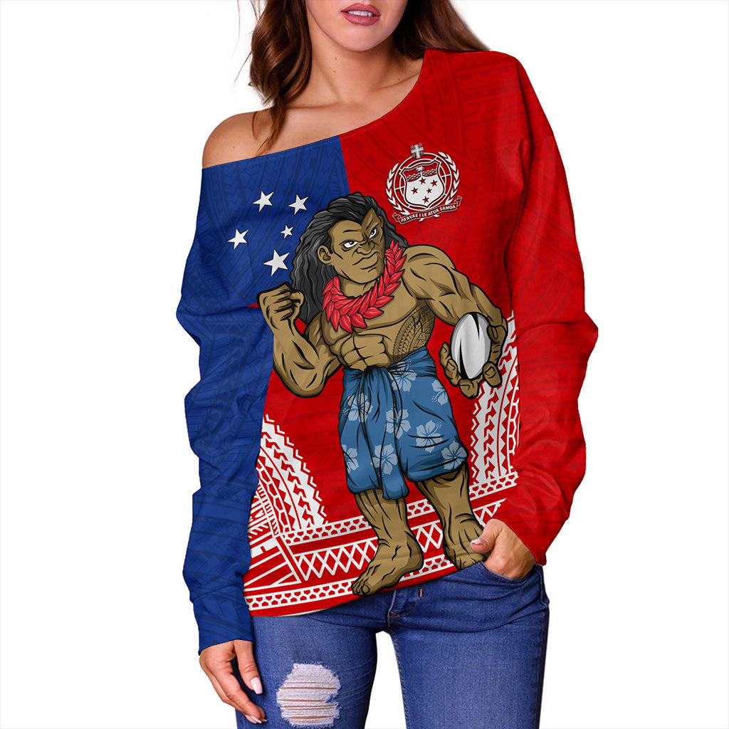 Samoa Off Shoulder Sweatshirt Rugby Flag Tribal Tatau Pattern