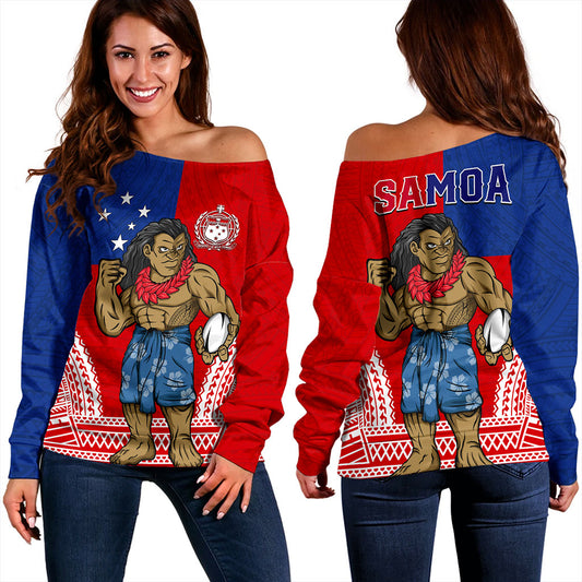 Samoa Off Shoulder Sweatshirt Rugby Flag Tribal Tatau Pattern