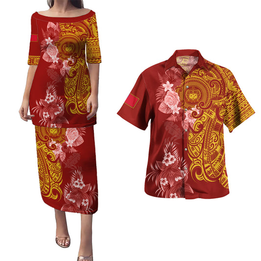 Samoa Combo Puletasi And Shirt Polynesian Tropical Plumeria Tribal Red