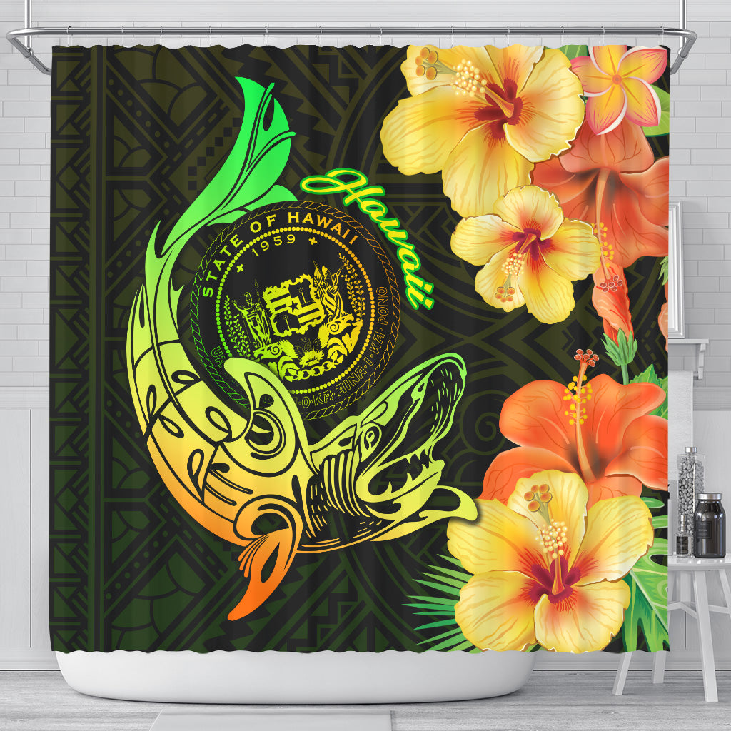 Hawaii Polynesian Shower Curtain - Hawaii Sharks Tribal Patterns Green