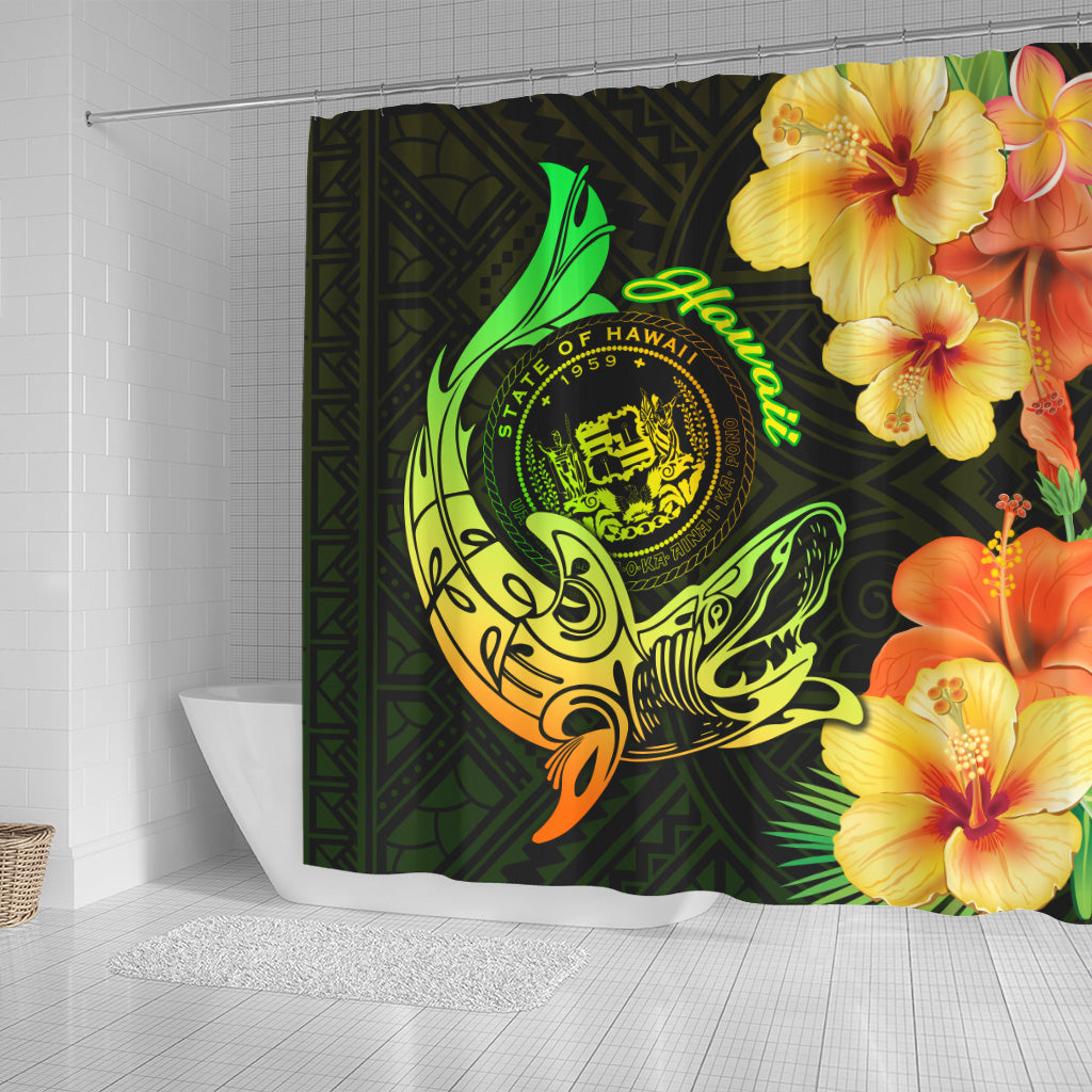 Hawaii Polynesian Shower Curtain - Hawaii Sharks Tribal Patterns Green