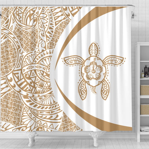 Hawaii Shower Curtain Turtle Hibiscus Lauhala White Gold Circle