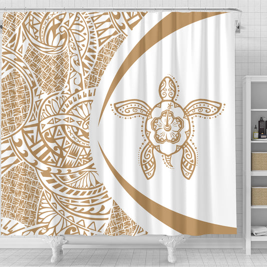 Hawaii Shower Curtain Turtle Hibiscus Lauhala White Gold Circle