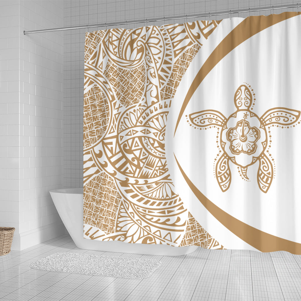 Hawaii Shower Curtain Turtle Hibiscus Lauhala White Gold Circle