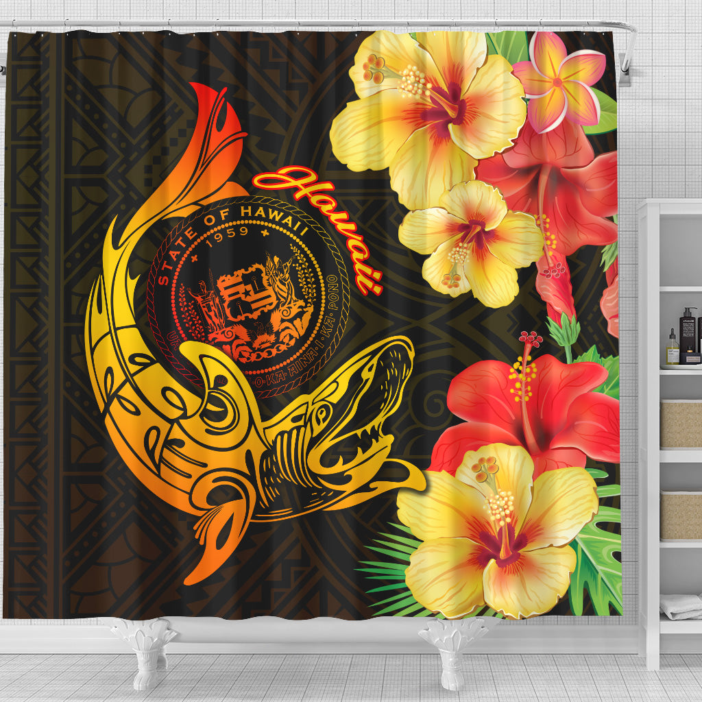 Hawaii Polynesian Shower Curtain - Hawaii Sharks Tribal Patterns Orange