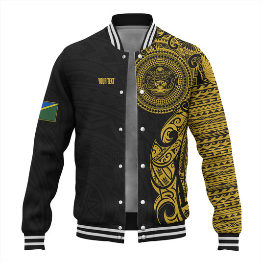 Solomon Islands Baseball Jacket Custom Polynesian Half Sleeve Gold Tattoo With Seal Black