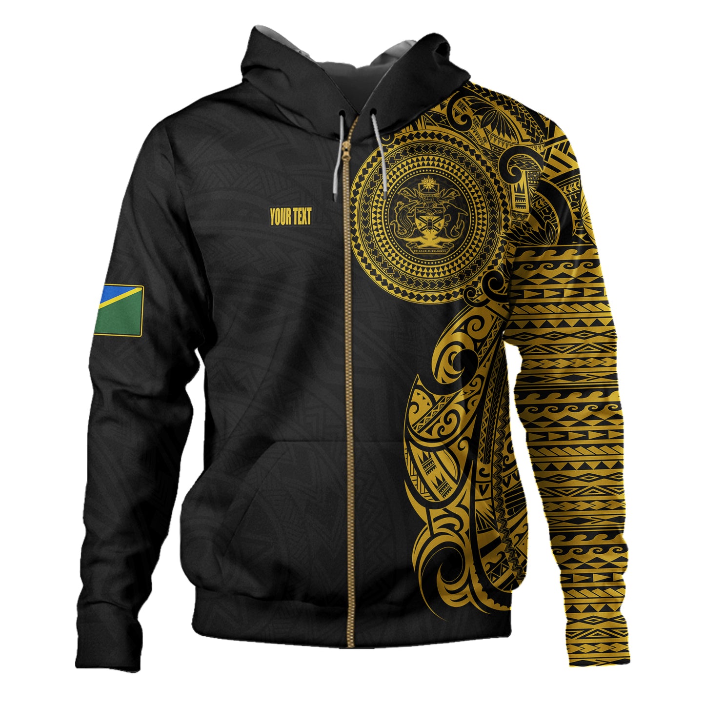 Solomon Islands Hoodie Custom Polynesian Half Sleeve Gold Tattoo With Seal Black