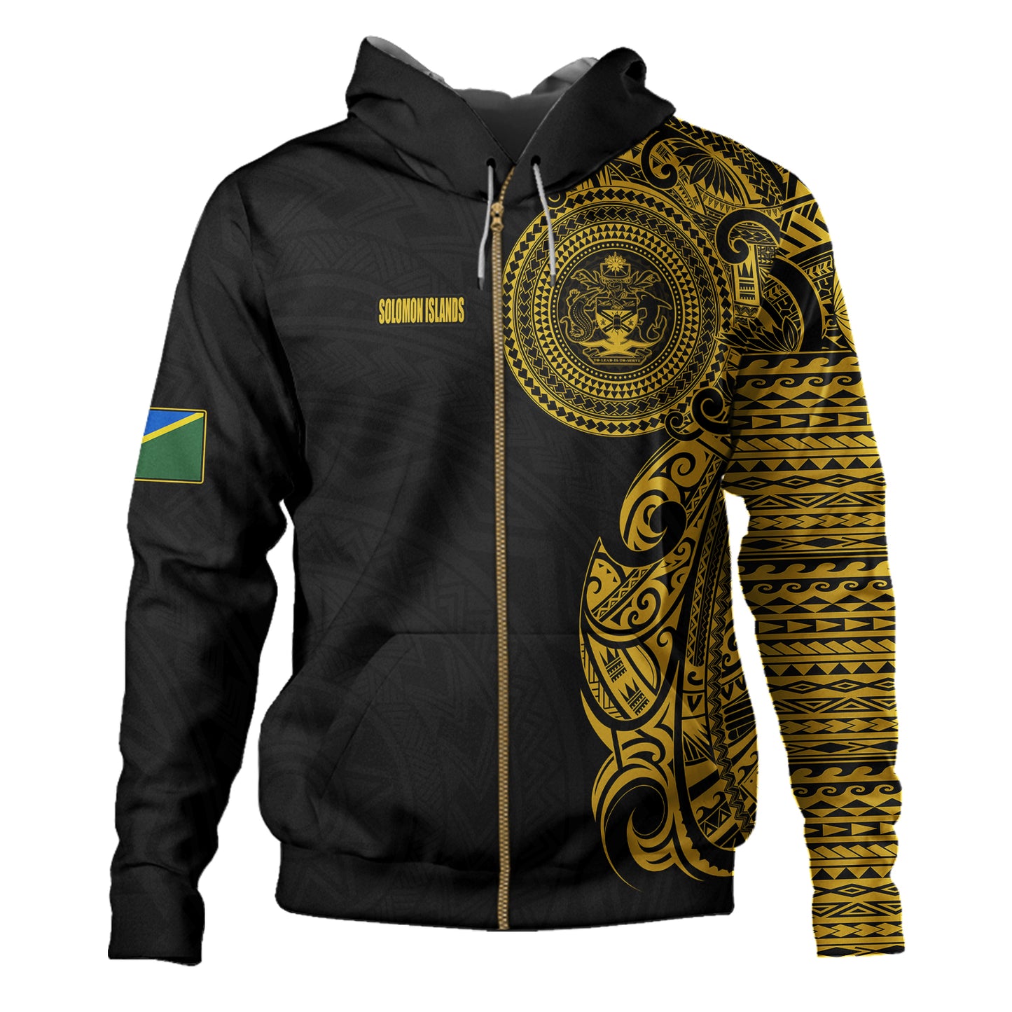 Solomon Islands Hoodie Custom Polynesian Half Sleeve Gold Tattoo With Seal Black