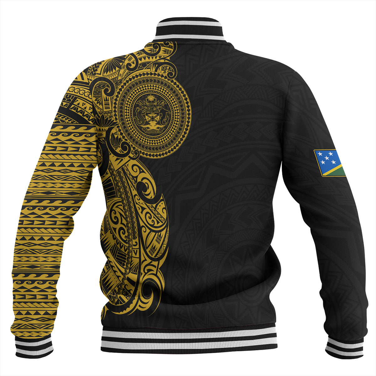 Solomon Islands Baseball Jacket Custom Polynesian Half Sleeve Gold Tattoo With Seal Black