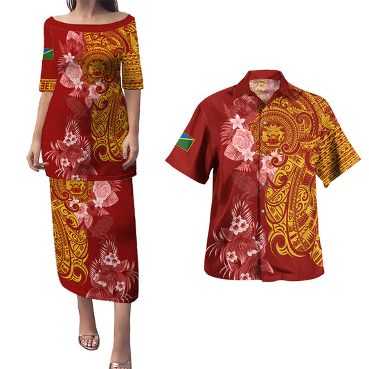 Solomon Islands Combo Puletasi And Shirt Polynesian Tropical Plumeria Tribal Red