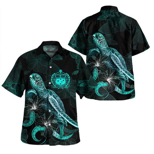 Samoa Short Sleeve Shirt - Custom Samoa Coat Of Arms With Turtle Blooming Hibiscus Turquoise