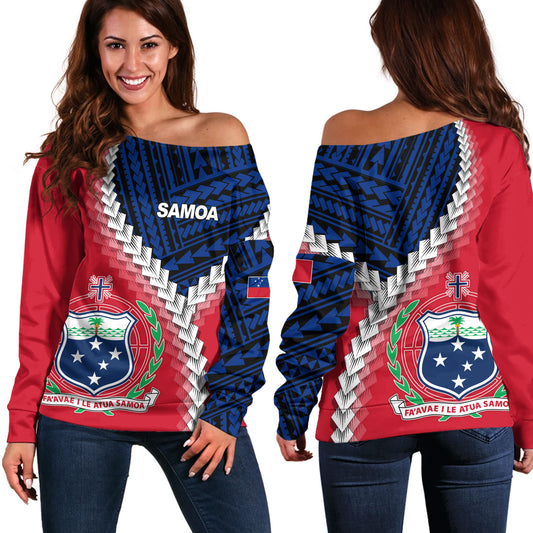 Samoa Off Shoulder Sweatshirt Samoa Coat Of Arms With Polynesian Tattoo Flag Style